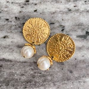 Stunning statement earrings gold pearl tribal circle disc evening ball big giant